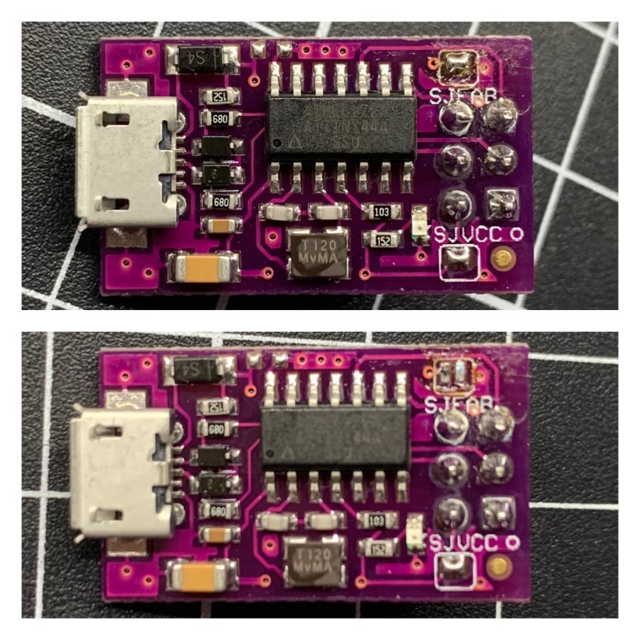 The 'SJFAB' solder jumper (top-right) bridged and un-bridged